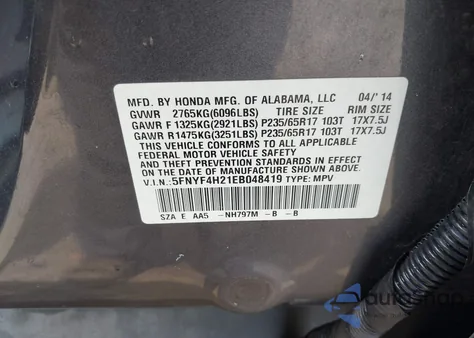 2014 Honda Pilot Lx from USA, damaged, VIN 5FNYF4H21EB048419